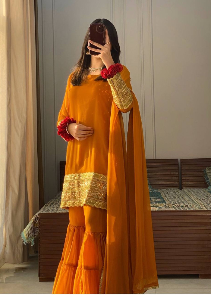 Heavy Pure Faux Georgette Top Palazzo With Dupatta For Party Wear